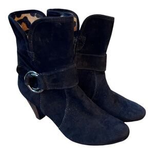 Black Suede Heeled Ankle Bootie Biker Zip Close‎ Buckle Accent Animal Print Sz7N